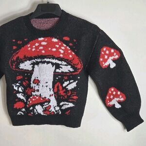 Unisex Mushroom Print Knit Sweater Black‎ Grunge Blockcore Streetwear One Size
